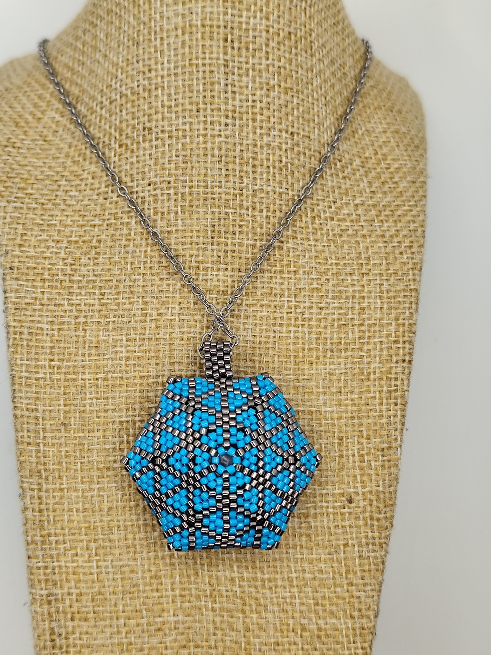 Turquoise Blue Hexagon Beaded Pendant Necklace